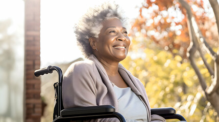 happy senior retired african american woman in a wheel chair on the porch - obrazy, fototapety, plakaty