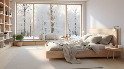 cozy modern scandi style bedroom with wooden bed, white and beige blanket and pillow, high ceiling, big windows with winter view, plant, for interior design background