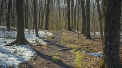 Forest trail in pastel hues, minimalistic style with melting snow patches and emerging greenery