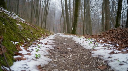 Pathway through a serene pastel forest, minimal design with snow melting and green shoots appearing