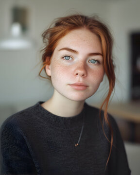 Dreamy portrait of a beautiful young red haired teenage woman with freckles and blue eyes
