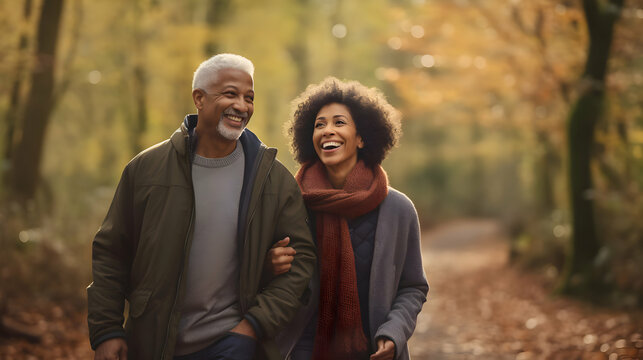 afro american elderly senior couple walking together in autumnal forest. retirement enjoying