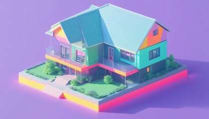 Isometric view of a detached single-family house in very colorful color combinations of the eighties