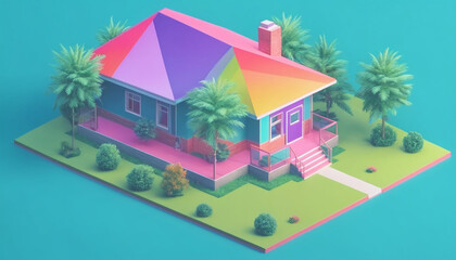 Fototapeta premium Isometric view of a detached single-family house in very colorful color combinations of the eighties