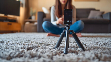 Closeup of a mobile smartphone placed on a tripod on the carpet in the modern house, room interior, recording a teenage girl blurred in the background, content creator for social media. Live broadcast - obrazy, fototapety, plakaty