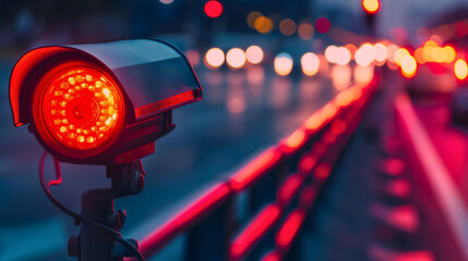 Closeup of a police radar on the city street at night, with cars passing by blurred in the background. Speed limit control on the highway, penalty for speeding, camera helping the law enforcement