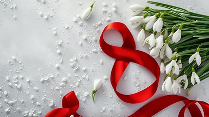 Background postcard for Women's day, eight from a red ribbon and a bouquet of snowdrops on a white  background, March 8