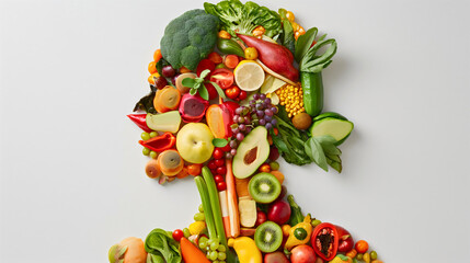 Fototapeta na wymiar Human body and head shape made out of healthy vegetables and fruits. Organic fresh food to fulfil the body's nutrient needs and to provide enough vitamins and minerals,vegan diet lifestyle,raw natural