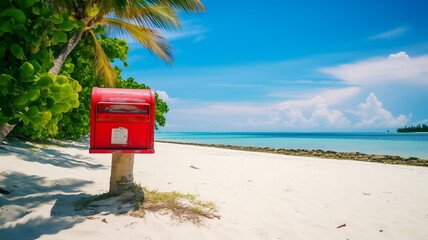 Mailbox for letters on abandoned lonely tropical island lost in the sea. Copy space