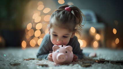 Young girl's concept of saving money for education Financial planning for the future. Pink piggy bank for saving money - obrazy, fototapety, plakaty