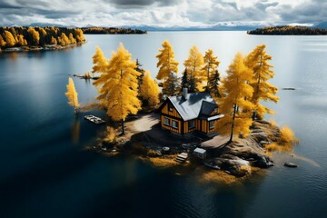 Scenic view of autumn landscape with lake and yellow  pine trees against mountains. Fall season. Cute cabin in wild forest