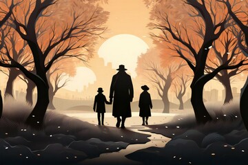 family walking in the park at sunset. Halloween holiday. Watercolour illustration in orange color