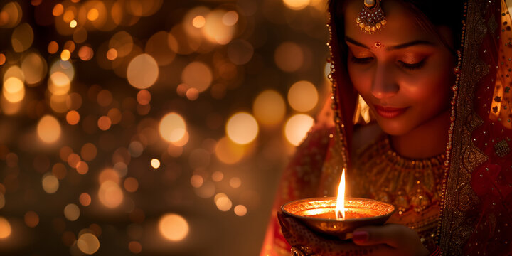 Indian woman in traditional attire with Diwali diya and bokeh lights.  Holiday concept. Image for festive poster, invitation template. Banner with copy space.