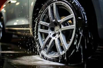 close up of wet car wheel