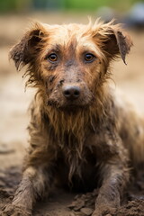 Dirty dog lying in a puddle on a walk
