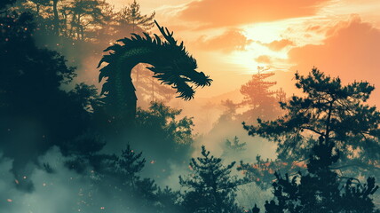 Black silhouette of oriental mythical forest dragon at sunset sky background . Nature spirit concept	
 - obrazy, fototapety, plakaty