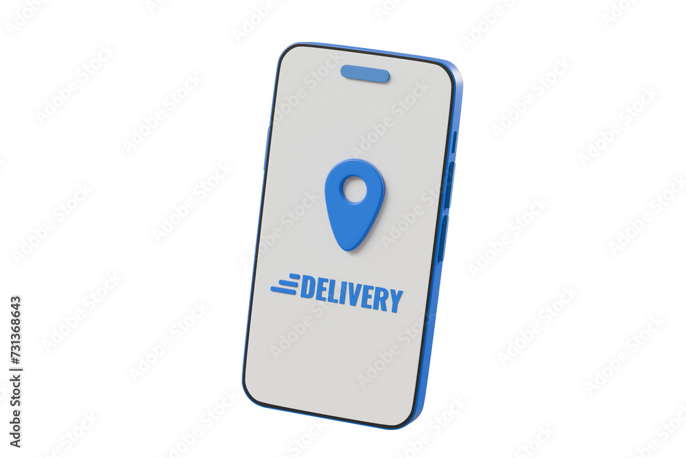Poster 3d smartphone with text delivery and pin location mark on screen icon. fast delivery concept. logist