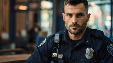 Handsome young policeman or police officer wearing his uniform, sitting in an office and investigating the crime. Professional cop at his workplace station or job, looking at the camera - obrazy, fototapety, plakaty