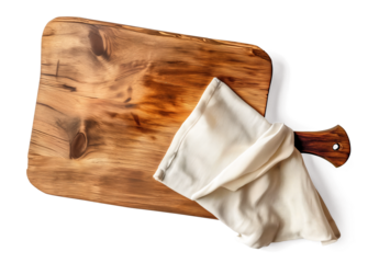 Wooden cutting board on linen napkin isolated on white transparent background, png.
