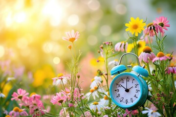A classic black alarm clock stands among daisies with the golden sunrise illuminating the scene,...