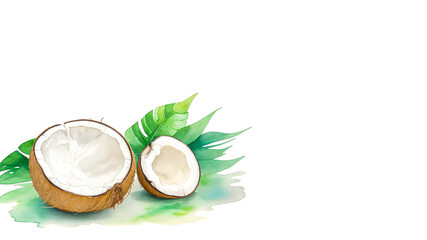 Obraz na płótnie Canvas Banner with Coconut on white background with copy space. Half a coconut. Fresh coco nut with leaves, for design. Watercolor illustration