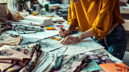 Creative fashion designer drawing sketches surrounded by various fabrics and design tools in a studio..