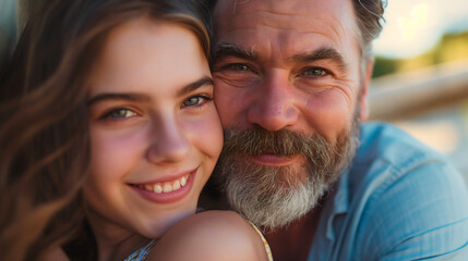 Close up photography of a middle aged or senior bearded man or father and his young female child or daughter in her 20s. Both are looking at the camera and smiling. Happy family, fatherhood concept