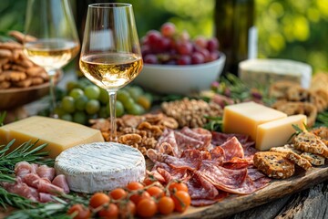 Picnic served outside with a glass of wine, cheese, grapes, salami on a wooden board in sunlight