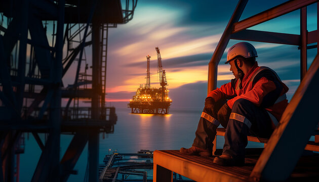 Tired oil offshore drill platform worker dressed orange uniform after hard work day resting at late evening with beautiful sunset. Petroleum and gas extract and process exploration industry concept.
