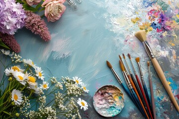 A vibrant painting of colorful flowers on a palette surrounded by brushes and fresh blooms, capturing the beauty of art creation..