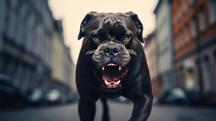 Closeup photography of a dangerous cane corso dog breed barking on the city street, looking at the camera. Angry and aggressive guard pet outdoors, protection and security, open mouth, big jaw teeth - obrazy, fototapety, plakaty