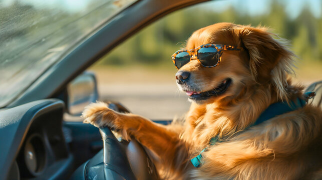 Funny dog wearing sunglasses and driving a car, dog car driver