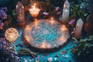 An arrangement of astrological symbols, candles, and healing crystals set up to celebrate the equinox, surrounded by natural elements