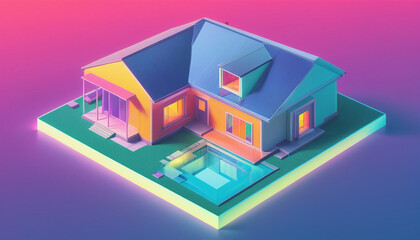 Isometric view of a detached single-family house in very colorful color combinations of the eighties