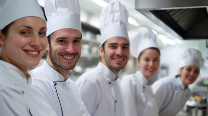 Fototapeta na wymiar A team of five professional male and female kitchen workers at a restaurant smiling at the camera, wearing white uniform and cook hat. Culinary occupation employee staff indoors, cooker job