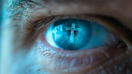 Closeup photography of a Christian cross reflecting in a man's eye. Male person thinking about belief in Jesus Christ and His sacrifice, holy Bible believer, blessed with grace and forgiveness - obrazy, fototapety, plakaty