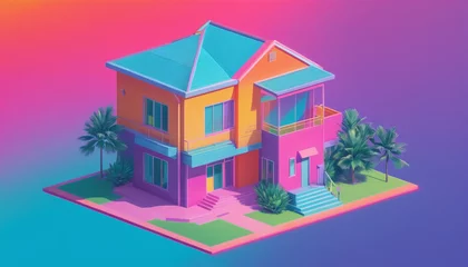  Isometric view of a detached single-family house in very colorful color combinations of the eighties © Christoph Burgstedt