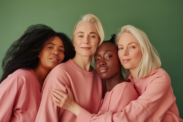 Group of diverse women of different ages and ethnities posing together, symbolizing unity and multigenerational beauty on a green background..