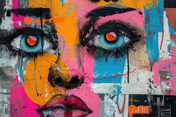 Street Art Mural Portrait, Contemporary Artwork of People, Colorful Outdoor Design Concept