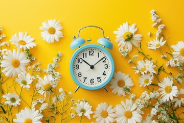 A vintage alarm clock surrounded by a vibrant array of spring flowers on a soothing pastel background, illustrating the concept of spring time