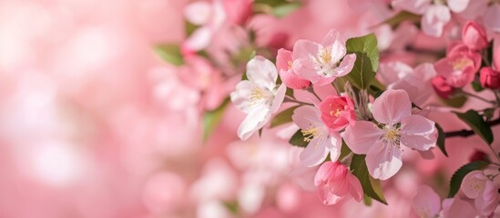 A close up of a cherry blossom tree showcasing its pink and white flowers, exhibiting the beauty of the flowering plant with intricate petals in macro photography. - Powered by Adobe