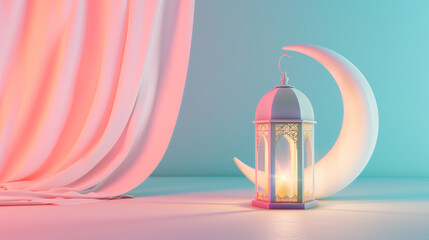 arabian lantern with pastel colors, Design creative concept of islamic celebration day ramadan kareem or eid al fitr adha, hajj, hijri, mawlid. 3D illustration.