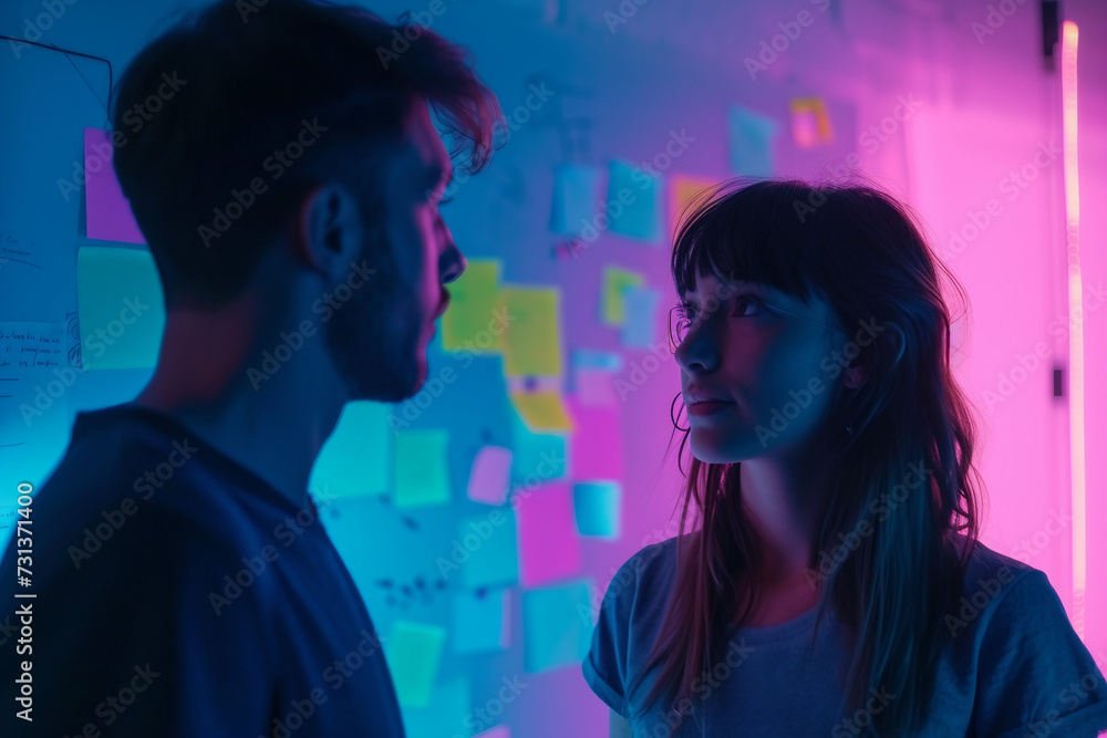 Poster female ux architect has discussion with male design engineer they work on mobile application late at