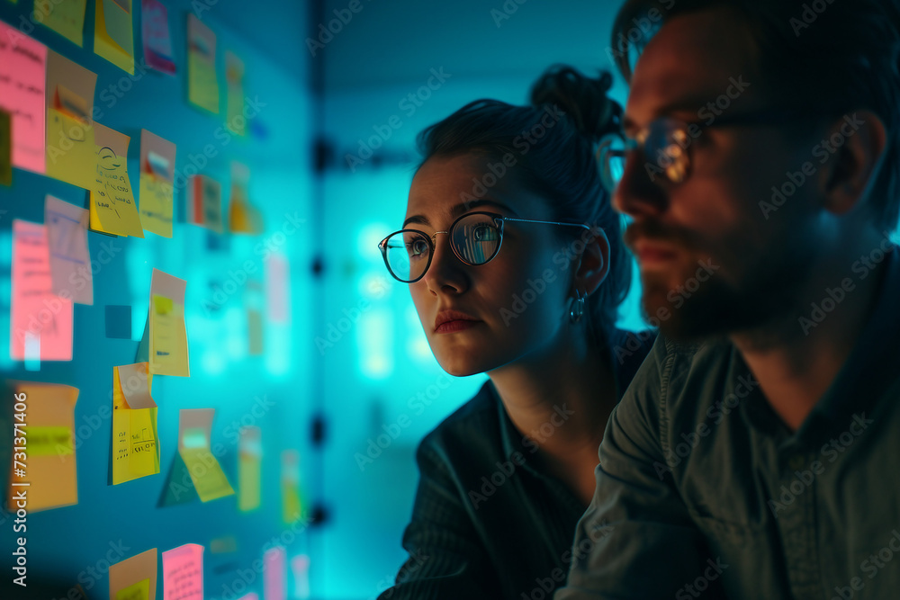Poster female ux architect has discussion with male design engineer they work on mobile application late at