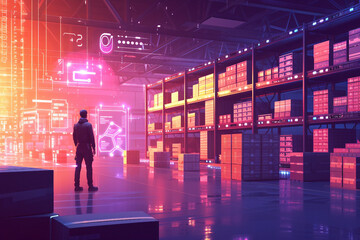 Futuristic Technology Retail Warehouse Worker Doing Inventory Walks when Digitalization Process Analyzes Goods Cardboard Boxes Products with Delivery Infographics in Logistics Distribution Center - Powered by Adobe