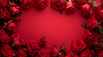 Passionate Frame: Red Roses on Red Background, Offering Creative Space for Text and Passionate Design.