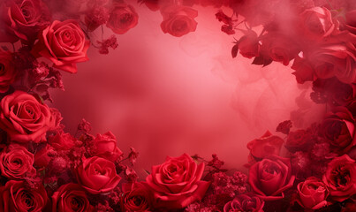 Passionate Frame: Red Roses on Red Background, Offering Creative Space for Text and Passionate Design.