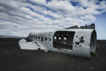 Airplane wreck from left side. In Iceland at summer