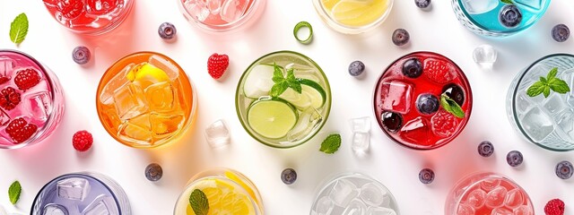 A tantalizing banner showcasing delicious and colorful cocktails from a top-down perspective, inviting viewers to indulge in the vibrant flavors and festive atmosphere