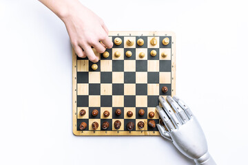 Human playing chess with robot on white background top view. New technologies in bussines and...